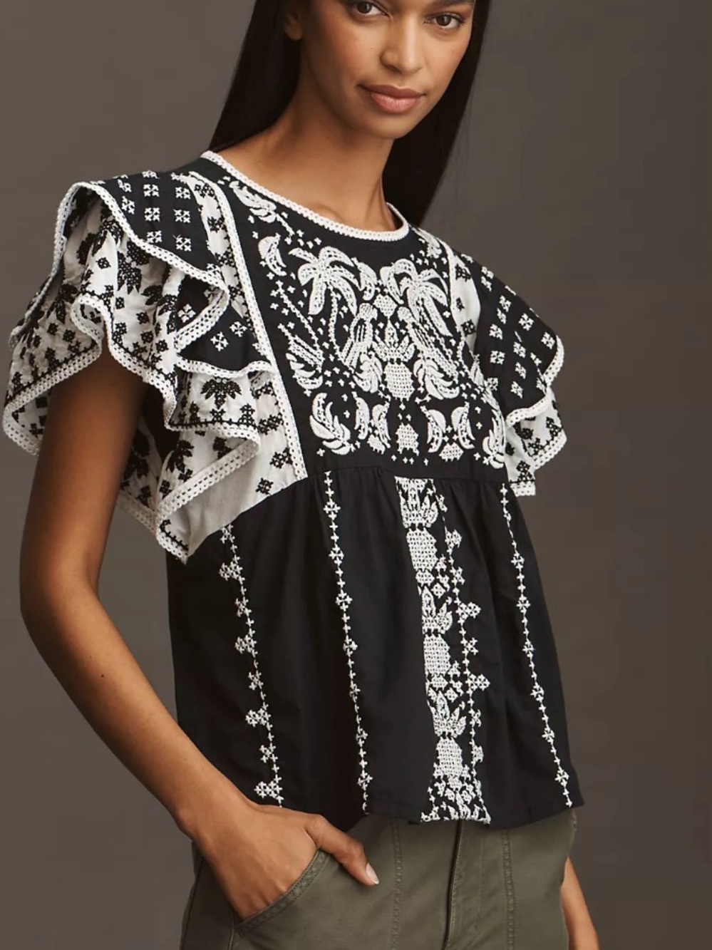 Farm Rio x Anthropologie Printed Flutter-Sleeve Top  Size XL -NWT